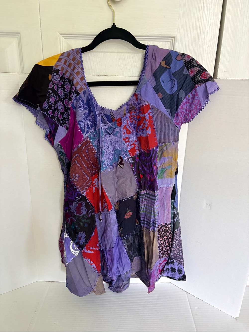 NWOT Bohemian Patchwork Purple Multi Short Sleeve Top